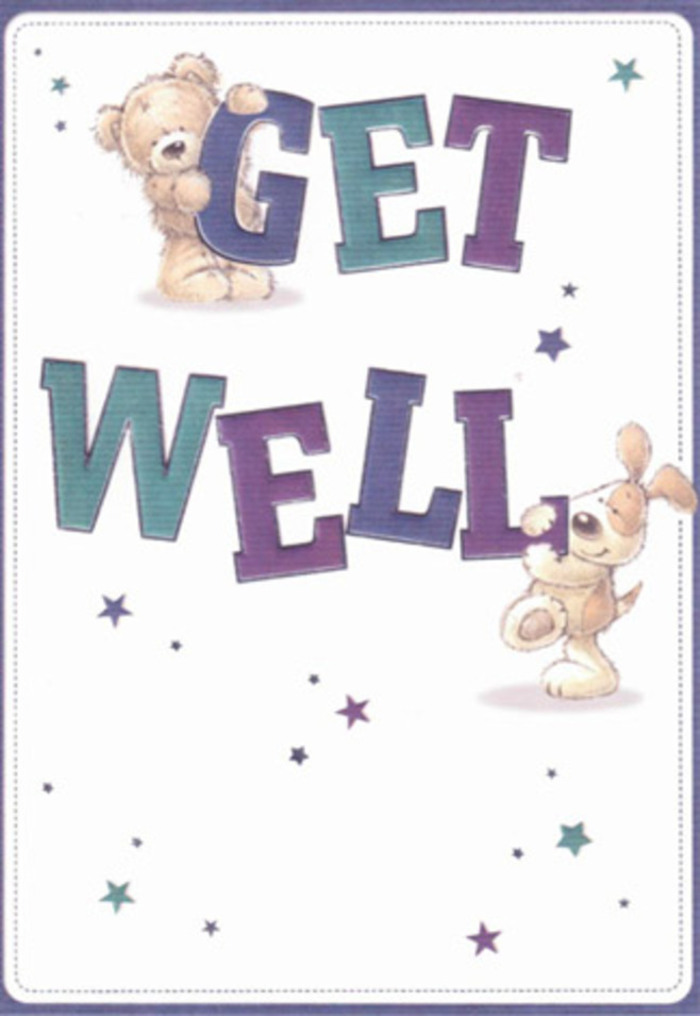 A gentle celebration of recovery is charmingly expressed in this illustrated get well card, where every detail feels as carefully arranged as a seasonal bouquet from Homerton's neighbourhood florists. Two friendly figures-a plush bear radiating warmth and a puppy with velvety, floppy ears-share centre stage, their presence uplifted by showers of whimsical, shimmering stars. Each star sparkles in shades of sapphire and amethyst, floating on a background as crisp and clear as the morning light over Homerton High Street. The typography, shaded in richly combined purples and teals, stands out as confidently as a fresh floral arrangement awaiting delivery near Hackney Marshes. Textures feel tangible: one can almost imagine the softness of the bear's fur and the gentle brush of the pup's muzzle, all depicted with a painterly care that recalls the handiwork of a seasoned florist. The playful interplay of elements brings joy and hope, while the design's light and airy composure offers reassurance-mirroring the uplifting effect of a bouquet sent with love from Florist Homerton. Whether destined for a hospital bedside or delivered to a Himley Road residence, this card exudes positivity and warmth, perfectly suited for bringing a smile and a comforting embrace to anyone in need of encouragement.